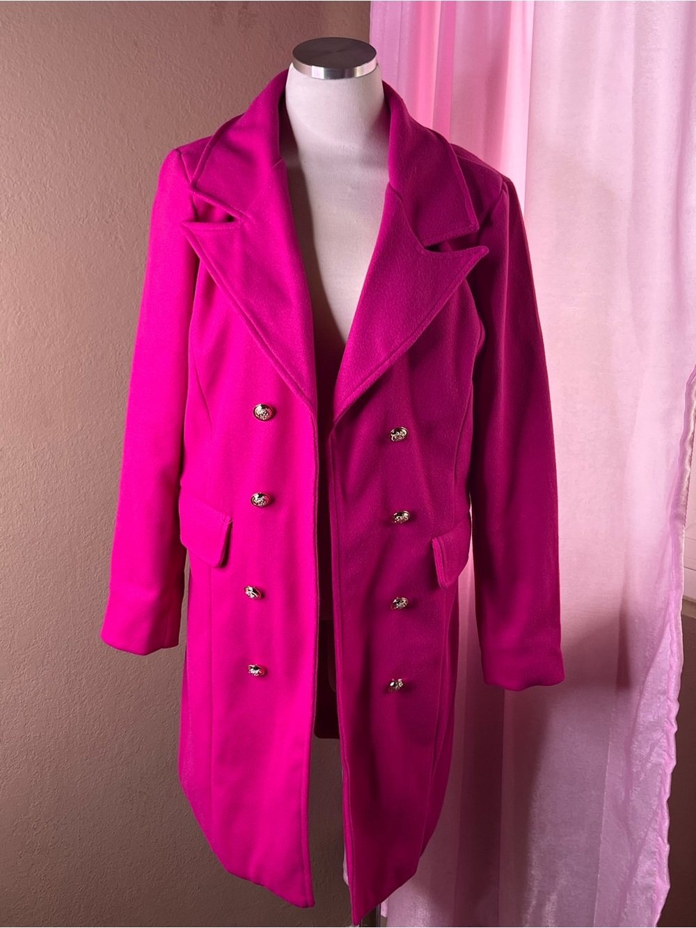 SHEIN Double-Breasted Bright Pink Pea Coat